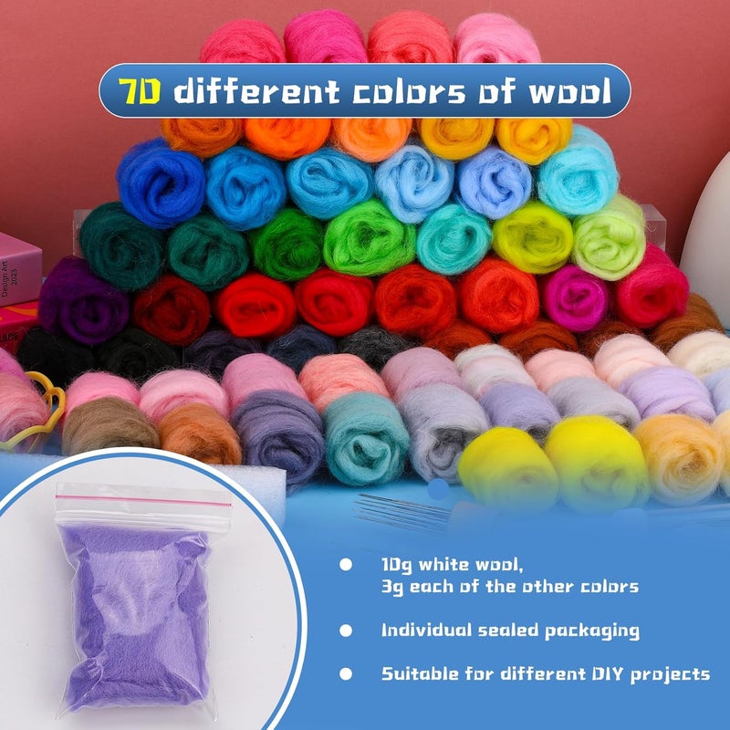 SOCNITC 70 Colors Needle Felting Kit, Wool Felting Kit for Beginner, Felting Needles Wool Roving Needle Felting Supplies with Needle Felting Tools for DIY Animals Handmade Crafts Decoration - Image 3